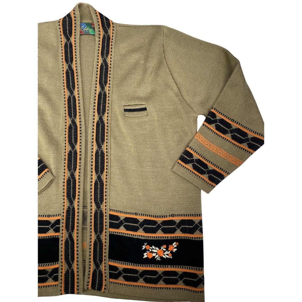 Elitex Vintage‎ 70s Men's Cardigan Sweater sz Medium Hippie Floral Embroidered